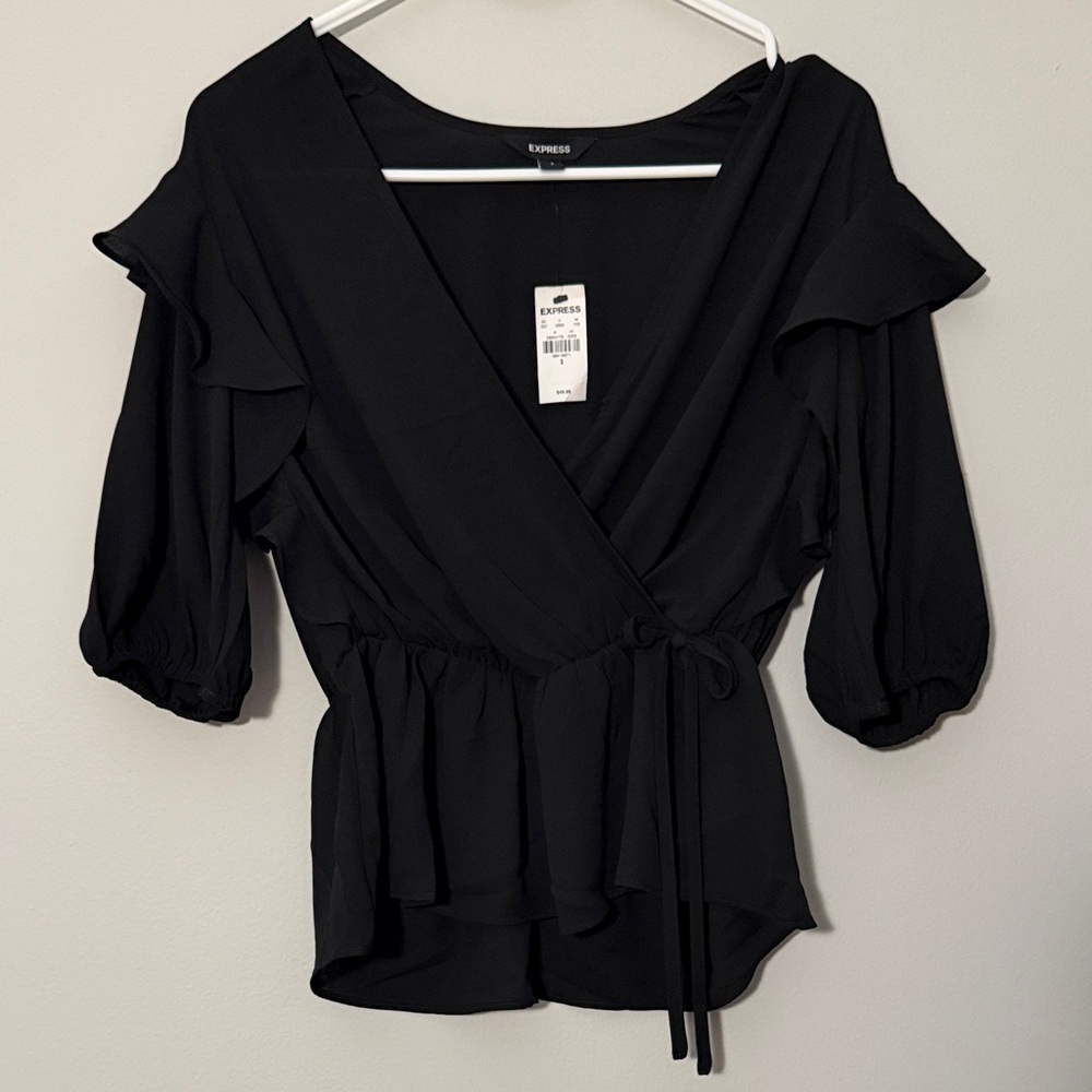 Express Black Ruffle Sleeve Wrap Top